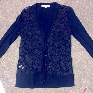 Ann Taylor loft Navy lace front Carnigan sweater